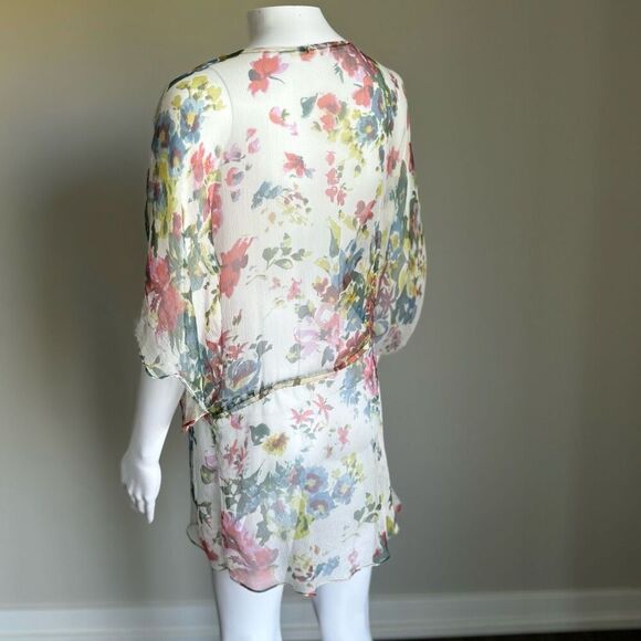Boho Floral Sheer Chiffon Bell Sleeve 100% Silk Top - Picture 5 of 7